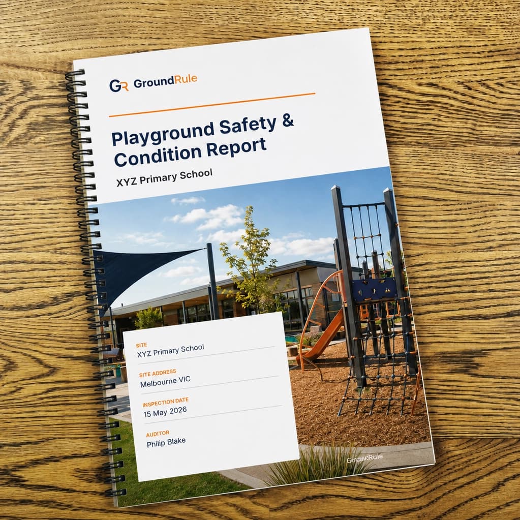 Example GroundRule Playground Safety and Condition Report displayed on a timber desk